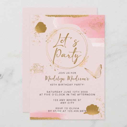 Laten we partijroze en gouddaguitnodiging kaart (Voorkant / Achterkant)
