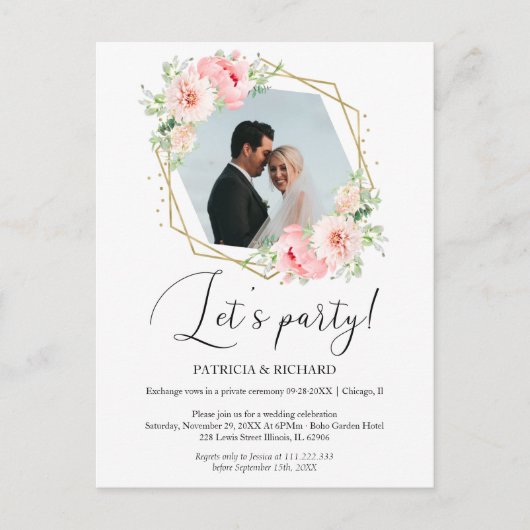 Laten we Party Blush Bloemen Eloped bruiloft recep Briefkaart (Voorkant)