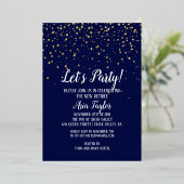 Laten we 'Party Gold'-Confetti op Navy Blue Party Folie Uitnodiging (Staand Voorkant)