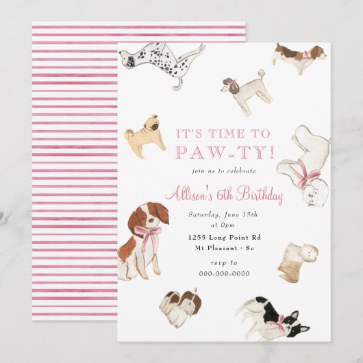 Laten we Paw-ty Dog Girl Pink Animal Birthday Part Kaart (Voorkant / Achterkant)