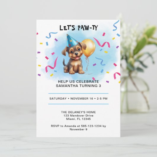 Laten we Paw-ty Puppy Verjaardag Uitnodiging (Staand voorkant)