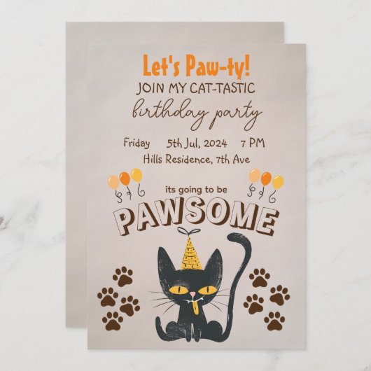 Laten we Paw-ty!-Schattige Black Cat Dragen Verjaa Kaart (Voorkant / Achterkant)