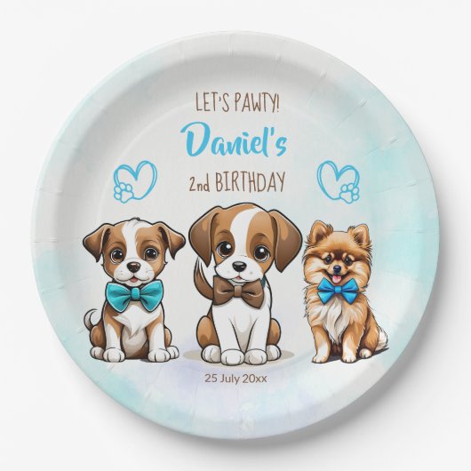 Laten we pawty blauw schattig puppies verjaardags papieren bordje (Voorkant)