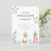 Laten we Pawty Blue Boy Dog Verjaardag Uitnodiging (Staand voorkant)