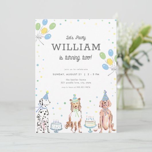 Laten we Pawty Blue Boy Dog Verjaardag Uitnodiging (Staand voorkant)