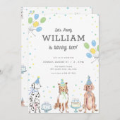 Laten we Pawty Blue Boy Dog Verjaardag Uitnodiging (Voorkant / Achterkant)