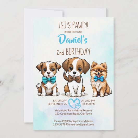 Laten we pawty bruin blauw schattig puppies verjaa kaart (Voorkant)