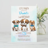 Laten we pawty bruin blauw schattig puppies verjaa kaart (Staand voorkant)