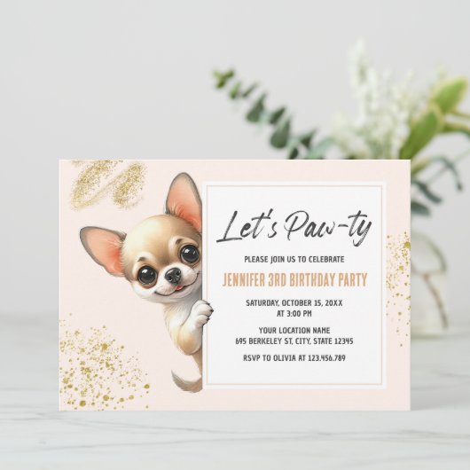 Laten we Pawty Chihuahua Hond Verjaardag Uitnodigi Kaart (Staand voorkant)