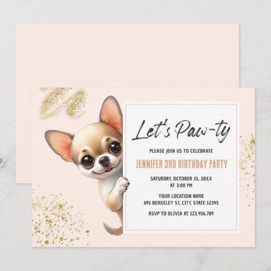 Laten we Pawty Chihuahua Hond Verjaardag Uitnodigi Kaart (Voorkant / Achterkant)