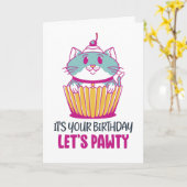 Laten we Pawty Cupcake Kitten Funny Cat Birthday Kaart (Gele Bloem)