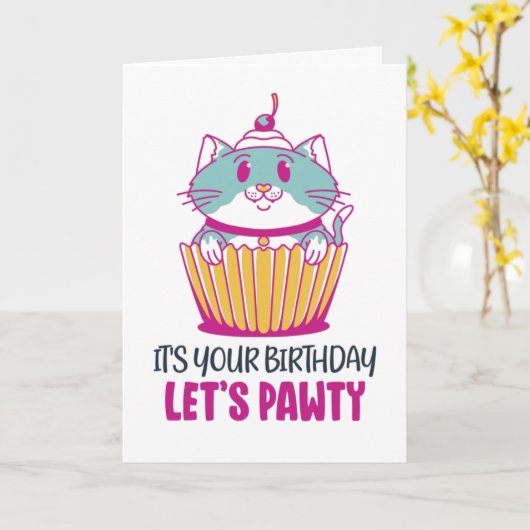 Laten we Pawty Cupcake Kitten Funny Cat Birthday Kaart (Gele Bloem)