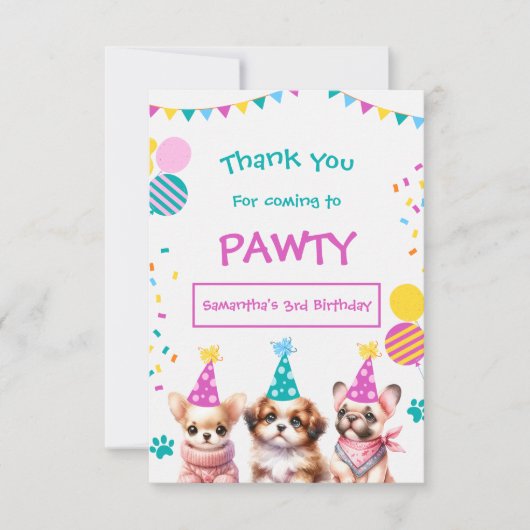 Laten we Pawty Cut Puppy Meisje Verjaardag Dank u Bedankkaart (Voorkant)