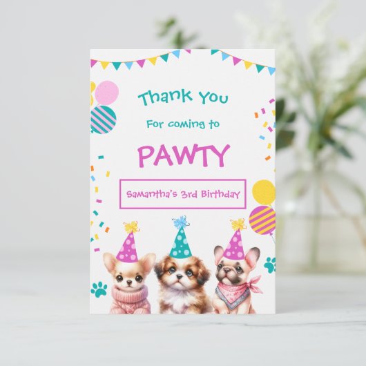 Laten we Pawty Cut Puppy Meisje Verjaardag Dank u Bedankkaart (Staand voorkant)