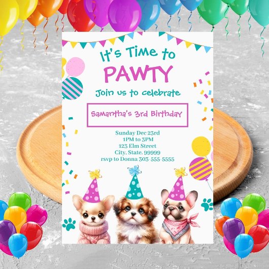 Laten we Pawty Cut Puppy Meisje Verjaardag Uitnodi Kaart
