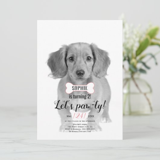 Laten we Pawty! Dog pet bot roze verjaardagfoto Kaart (Staand voorkant)