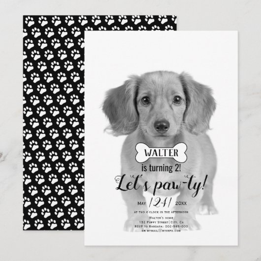 Laten we Pawty! Dog pet bot zwarte verjaardagfoto Kaart (Voorkant / Achterkant)