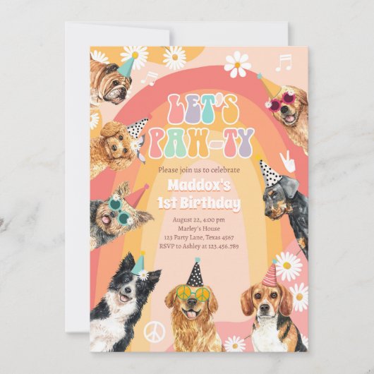 Laten we Pawty Dog Retro Groovy Boy Birthday Kaart (Voorkant)