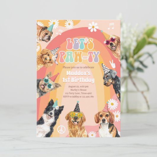 Laten we Pawty Dog Retro Groovy Boy Birthday Kaart (Staand voorkant)