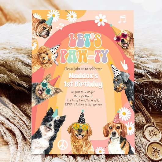 Laten we Pawty Dog Retro Groovy Boy Birthday Kaart