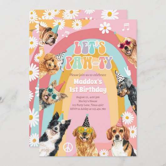 Laten we Pawty Dog Retro Groovy Girl Birthday noem Kaart (Voorkant / Achterkant)