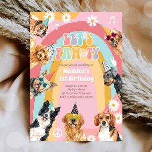 Laten we Pawty Dog Retro Groovy Girl Birthday noem Kaart