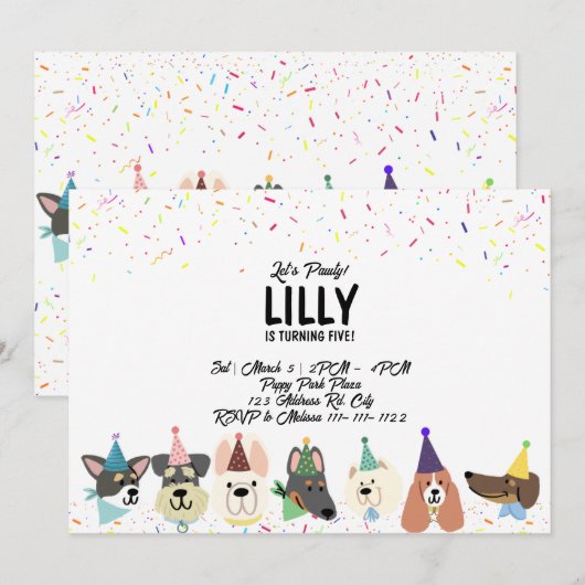 Laten we Pawty, feestdag Confetti Dogs Kaart (Voorkant / Achterkant)