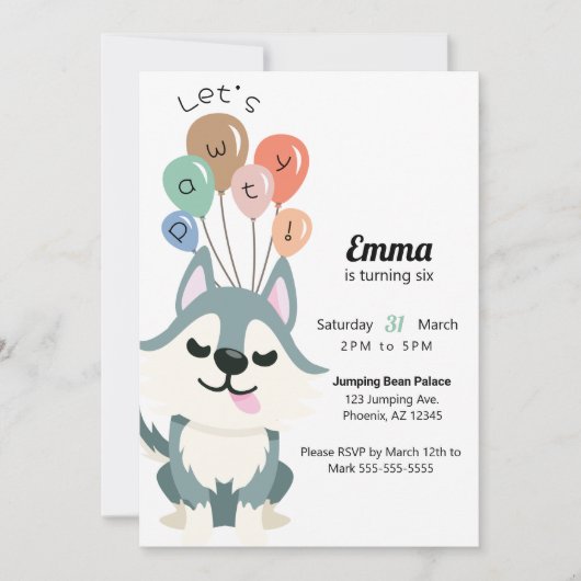 Laten we Pawty Husky verjaardagsfeestuitnodiging Kaart (Voorkant)