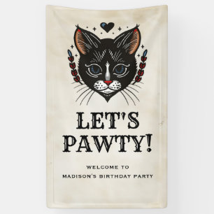 Laten we Pawty Kitten Cat Rockabilly Verjaardag We Spandoek