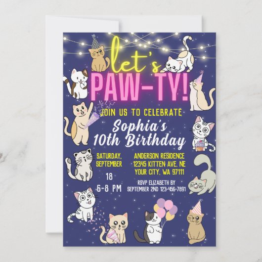 Laten we Pawty Neon Pink Glow Schattigee Kittens C Kaart (Voorkant)