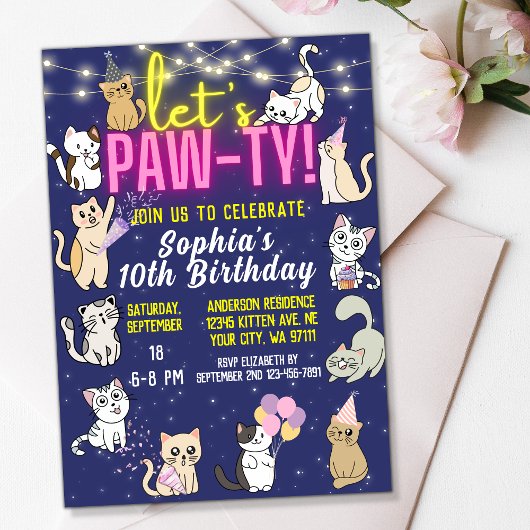 Laten we Pawty Neon Pink Glow Schattigee Kittens C Kaart
