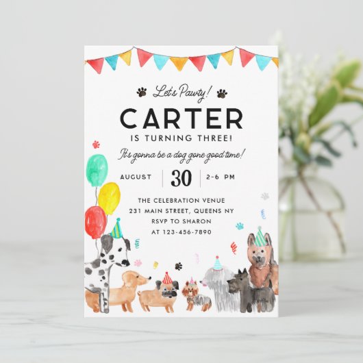 Laten we Pawty Party Dier Kinder Puppy Dog Verjaar Kaart (Staand voorkant)