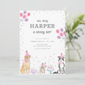 Laten we Pawty Pink Girl Dog Verjaardag Uitnodigin Kaart (Staand voorkant)