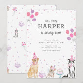 Laten we Pawty Pink Girl Dog Verjaardag Uitnodigin Kaart (Voorkant / Achterkant)