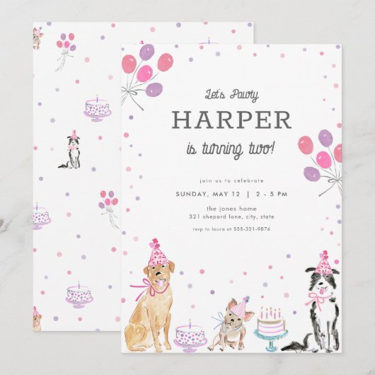 Laten we Pawty Pink Girl Dog Verjaardag Uitnodigin Kaart (Voorkant / Achterkant)