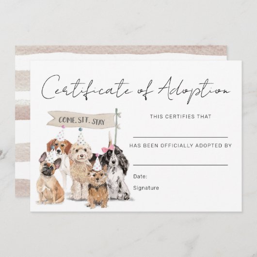 Laten we Pawty Puppy Dog Adoption Certificate Kaar Bedankkaart (Voorkant / Achterkant)