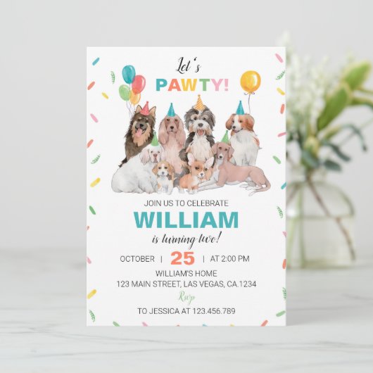 Laten we Pawty Puppy Dog Verjaardag uitnodiging (Staand voorkant)