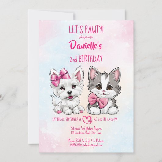 Laten we pawty roze schattig puppy en kat verjaard kaart (Voorkant)