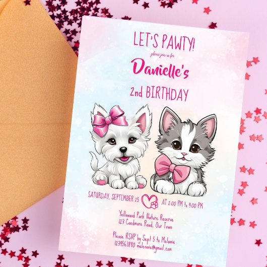 Laten we pawty roze schattig puppy en kat verjaard kaart