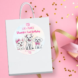 Laten we pawty roze schattige puppies verjaardagsg ronde sticker