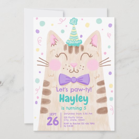 Laten we Pawty Schattigee Kitty Cat Face verjaarda Kaart (Voorkant)