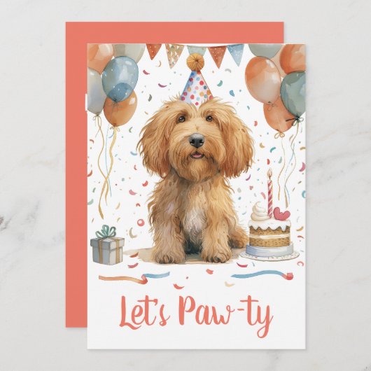 Laten we Pawty verjaardag Goldendoodle hond Kaart (Voorkant / Achterkant)