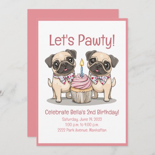 Laten we Pawty Verjaardag Pug Dogs Cupcake Kaart (Voorkant / Achterkant)