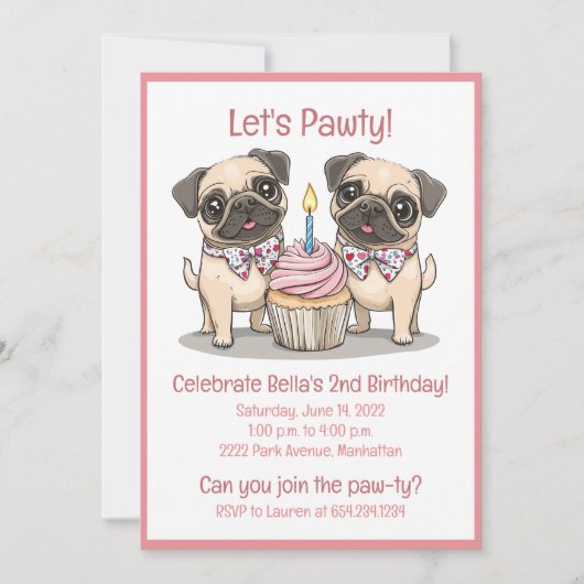 Laten we Pawty Verjaardag Pug Dogs Cupcake Kaart (Voorkant)