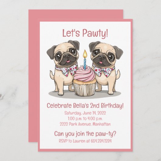 Laten we Pawty Verjaardag Pug Dogs Cupcake Kaart (Voorkant / Achterkant)