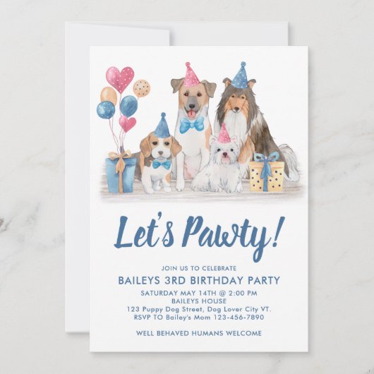 Laten we Pawty Waterverf Puppy Party Dog Birthday Kaart (Voorkant)