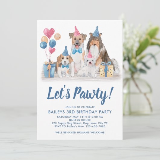 Laten we Pawty Waterverf Puppy Party Dog Birthday Kaart (Staand voorkant)