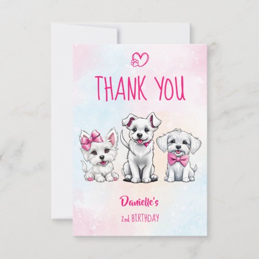 Laten we pawty wit roze schattige puppies verjaard bedankkaart (Voorkant)