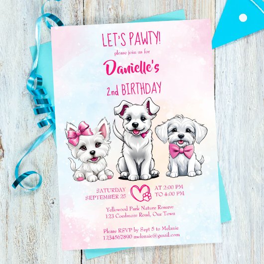 Laten we pawty wit roze schattige puppies verjaard kaart