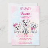 Laten we pawty wit roze schattige puppies verjaard kaart (Voorkant)